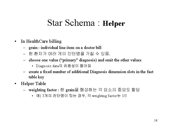 Star Schema : Helper • In Health. Care billing – grain : individual line