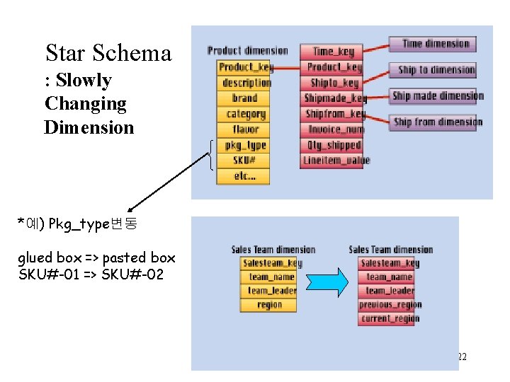 Star Schema : Slowly Changing Dimension *예) Pkg_type변동 glued box => pasted box SKU#-01