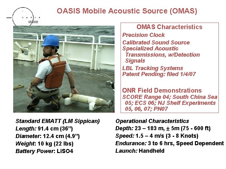 OASIS Mobile Acoustic Source (OMAS) OMAS Characteristics Precision Clock Calibrated Sound Source Specialized Acoustic