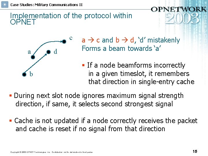 Case Studies: Military Communications II Implementation of the protocol within OPNET c a b