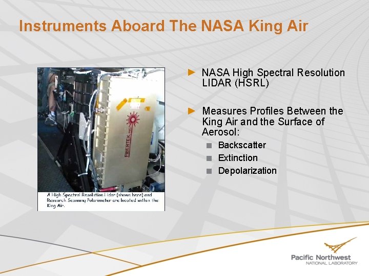 Instruments Aboard The NASA King Air NASA High Spectral Resolution LIDAR (HSRL) Measures Profiles