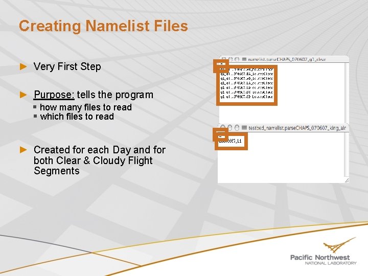 Creating Namelist Files Very First Step Purpose: tells the program § how many files