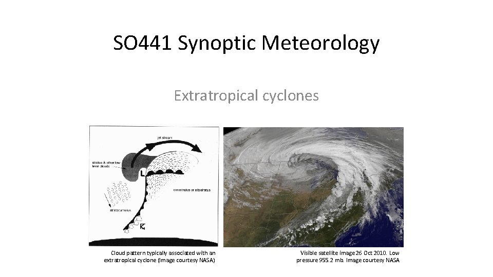 SO 441 Synoptic Meteorology Extratropical cyclones Cloud pattern typically associated with an extratropical cyclone