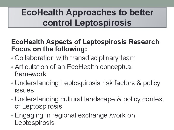 Eco. Health Approaches to better control Leptospirosis Eco. Health Aspects of Leptospirosis Research Focus