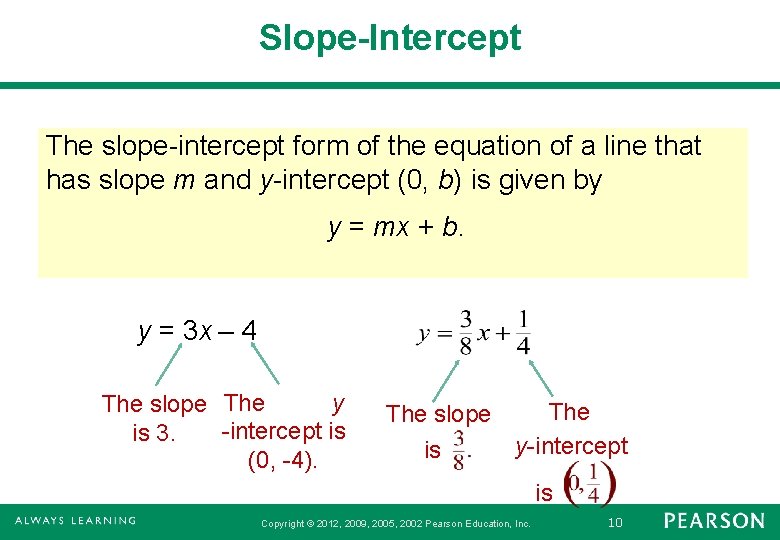 Slope-Intercept The slope-intercept form of the equation of a line that has slope m