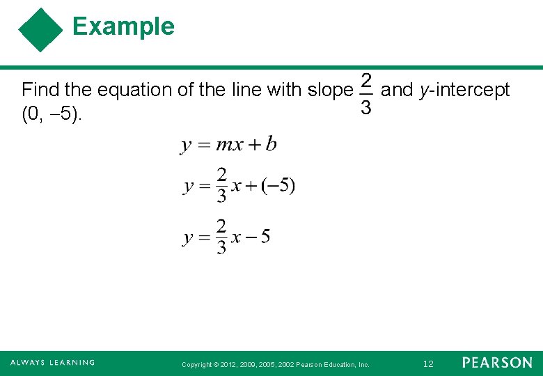 Example Find the equation of the line with slope (0, 5). Copyright © 2012,