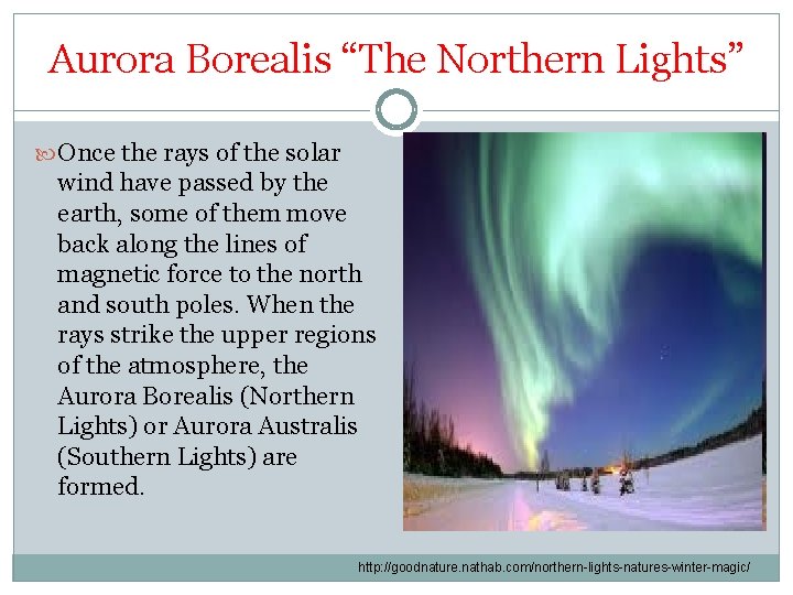 Aurora Borealis “The Northern Lights” Once the rays of the solar wind have passed