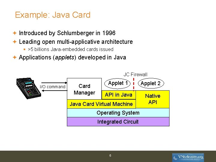 Example: Java Card Introduced by Schlumberger in 1996 Leading open multi-applicative architecture § >5