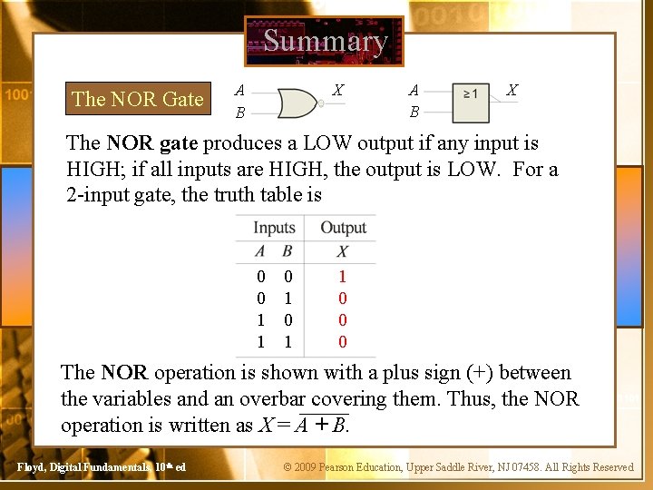 Summary The NOR Gate A B X The NOR gate produces a LOW output