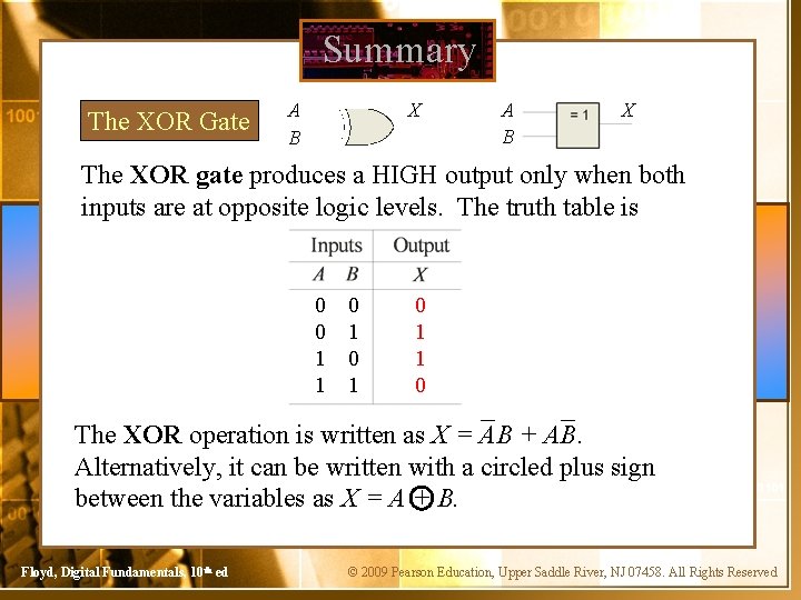 Summary The XOR Gate A B X The XOR gate produces a HIGH output