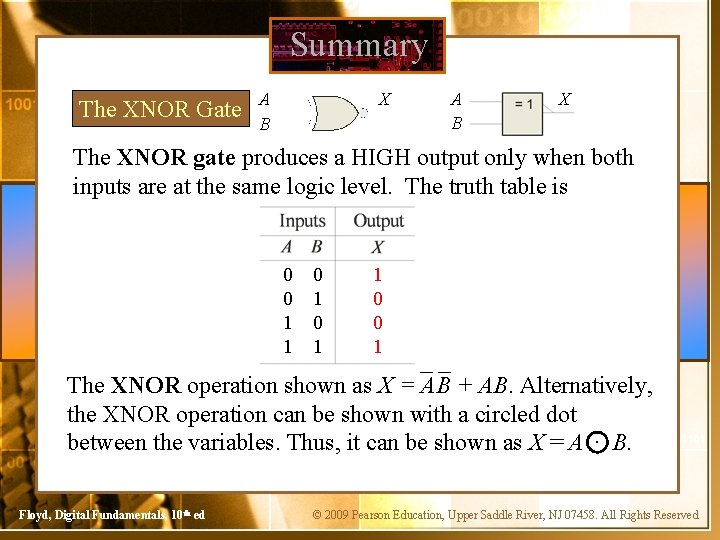 Summary The XNOR Gate A B X The XNOR gate produces a HIGH output