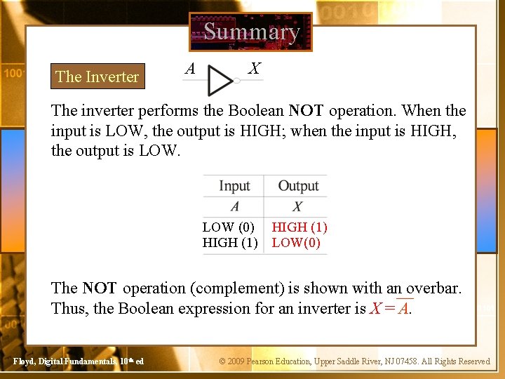 Summary The Inverter A X The inverter performs the Boolean NOT operation. When the