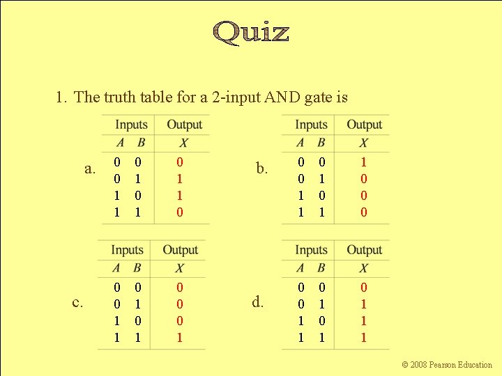 1. The truth table for a 2 -input AND gate is a. c. 0