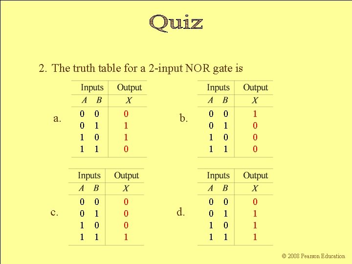 2. The truth table for a 2 -input NOR gate is a. c. 0