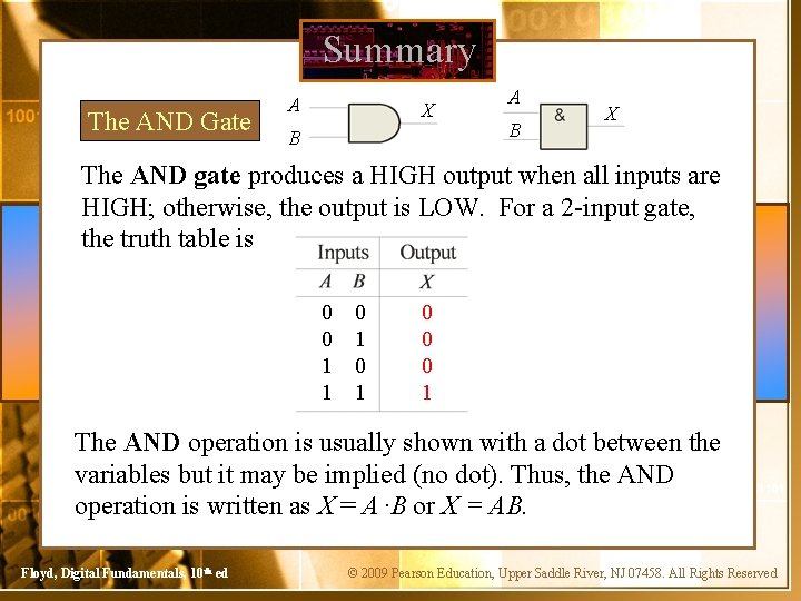 Summary The AND Gate A X B A B X The AND gate produces