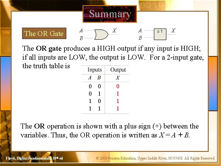 Summary The OR Gate A B X The OR gate produces a HIGH output