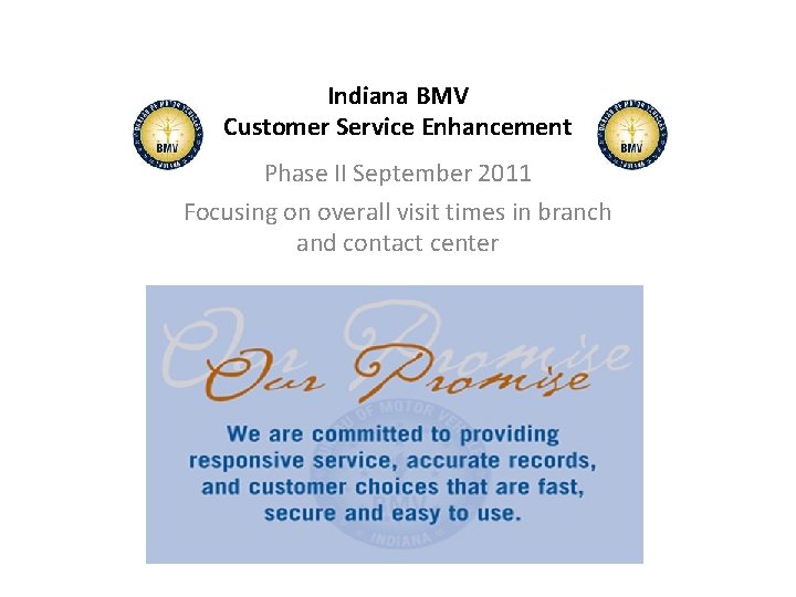 Indiana BMV Customer Service Enhancement Phase II September 2011 Focusing on overall visit times