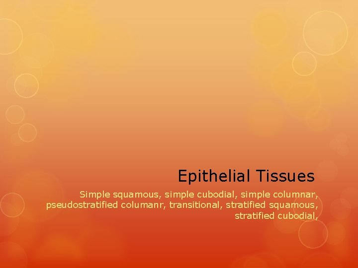 Epithelial Tissues Simple squamous, simple cubodial, simple columnar, pseudostratified columanr, transitional, stratified squamous, stratified