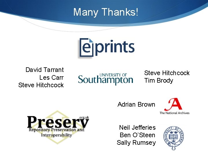 Many Thanks! David Tarrant Les Carr Steve Hitchcock Tim Brody Adrian Brown Neil Jefferies