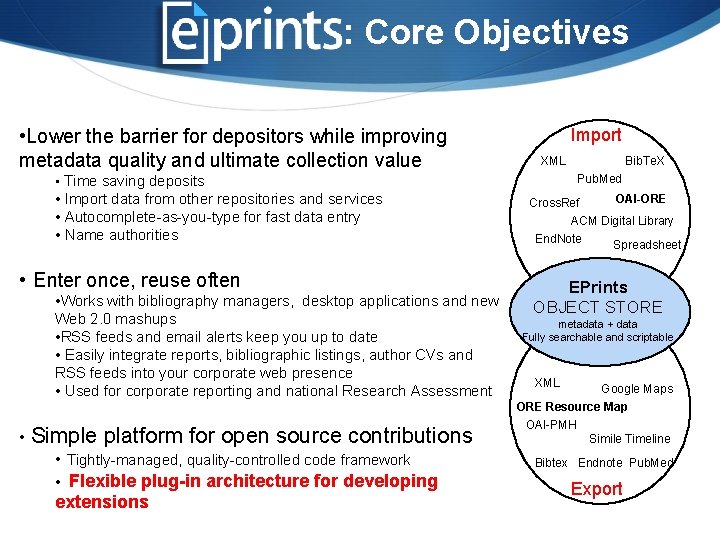 : Core Objectives • Lower the barrier for depositors while improving metadata quality and