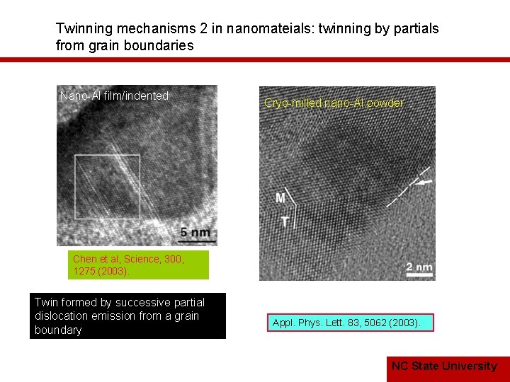 Twinning mechanisms 2 in nanomateials: twinning by partials from grain boundaries Nano-Al film/indented Cryo-milled