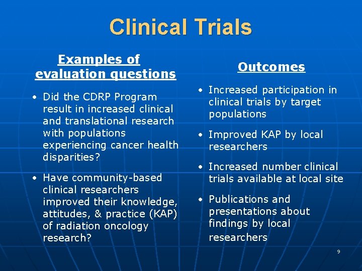 Clinical Trials Examples of evaluation questions • Did the CDRP Program result in increased
