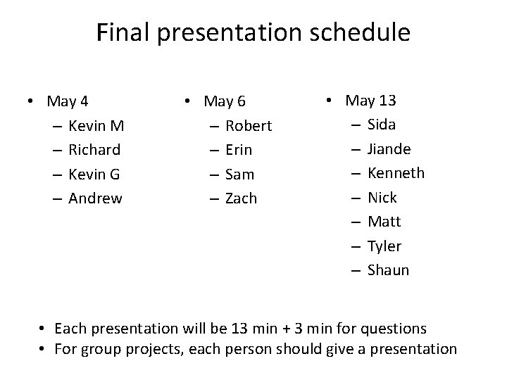 Final presentation schedule • May 4 – Kevin M – Richard – Kevin G