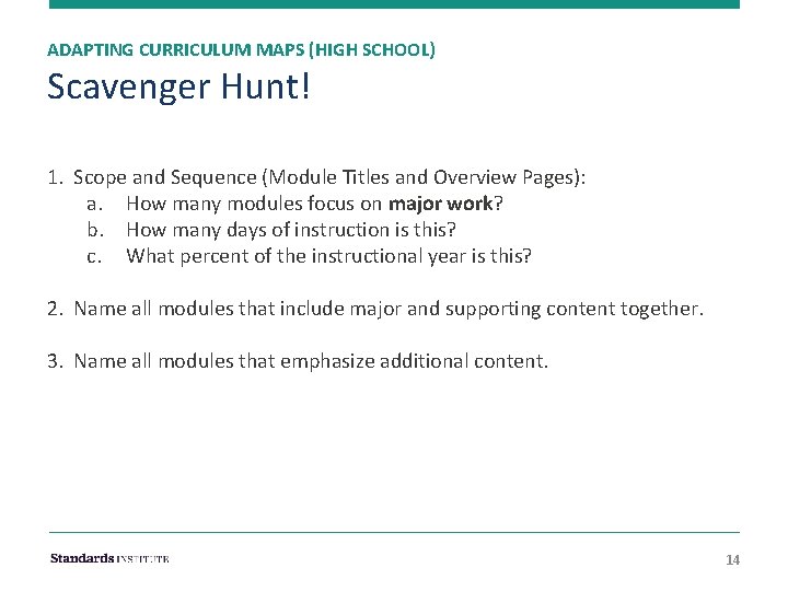 ADAPTING CURRICULUM MAPS (HIGH SCHOOL) Scavenger Hunt! 1. Scope and Sequence (Module Titles and