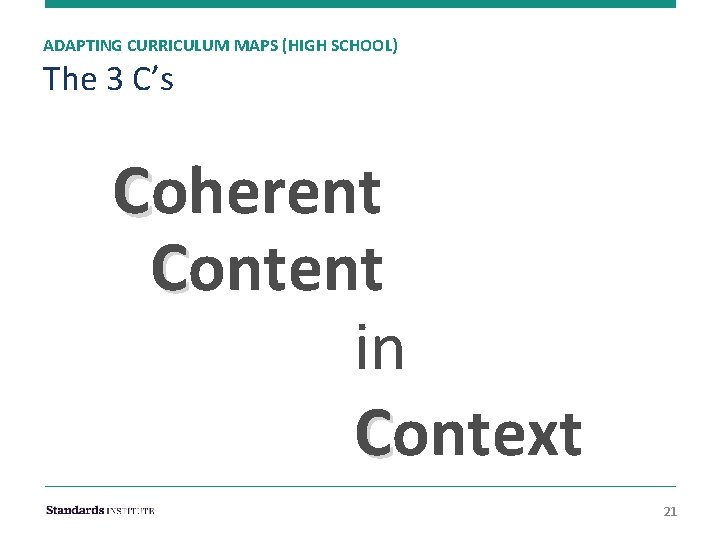 ADAPTING CURRICULUM MAPS (HIGH SCHOOL) The 3 C’s Coherent Content in Context 21 