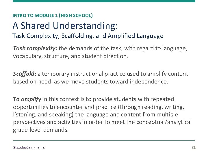 INTRO TO MODULE 1 (HIGH SCHOOL) A Shared Understanding: Task Complexity, Scaffolding, and Amplified