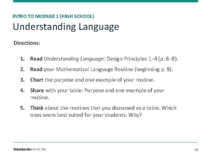 INTRO TO MODULE 1 (HIGH SCHOOL) Understanding Language Directions: 1. Read Understanding Language: Design