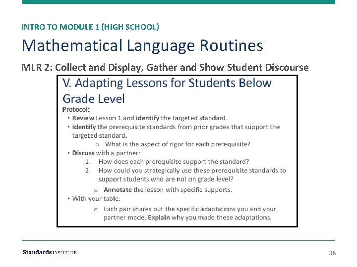 INTRO TO MODULE 1 (HIGH SCHOOL) Mathematical Language Routines MLR 2: Collect and Display,