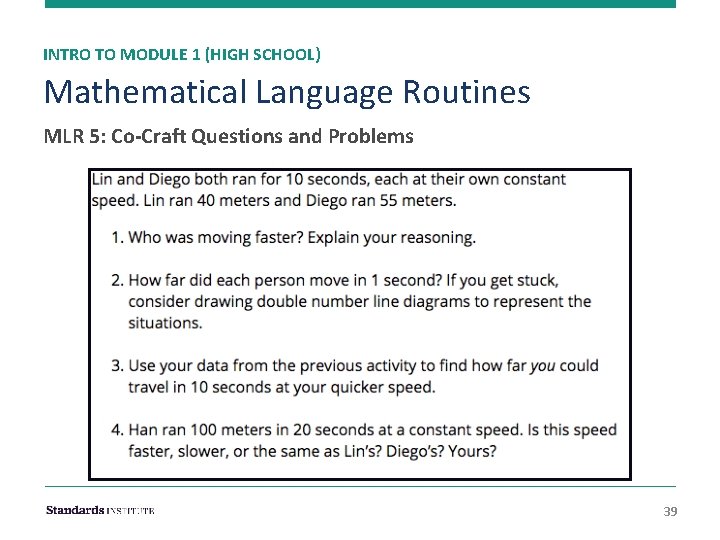 INTRO TO MODULE 1 (HIGH SCHOOL) Mathematical Language Routines MLR 5: Co-Craft Questions and