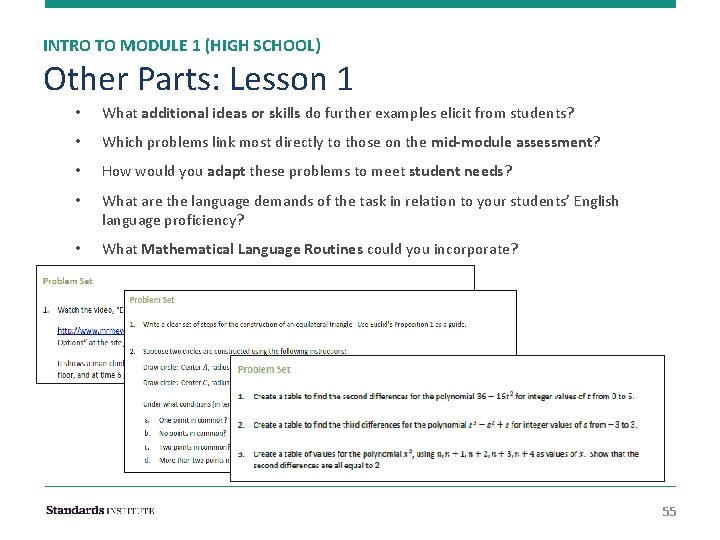 INTRO TO MODULE 1 (HIGH SCHOOL) Other Parts: Lesson 1 • What additional ideas