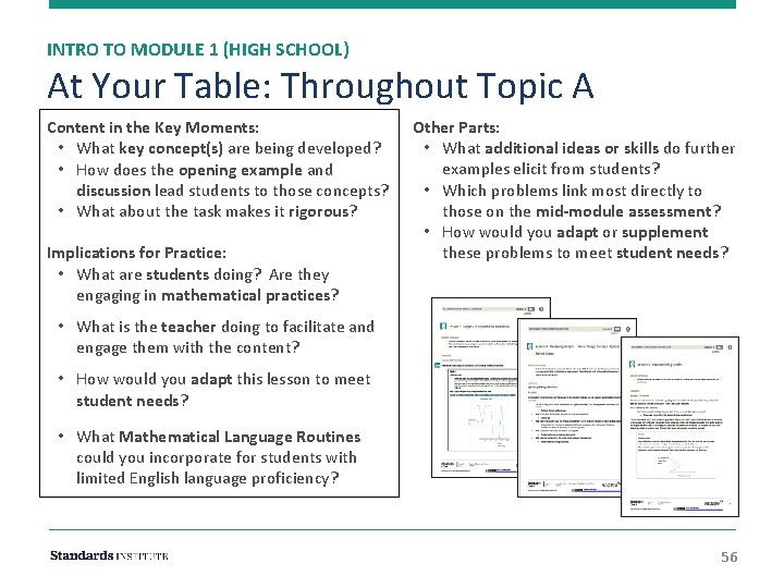 INTRO TO MODULE 1 (HIGH SCHOOL) At Your Table: Throughout Topic A Content in