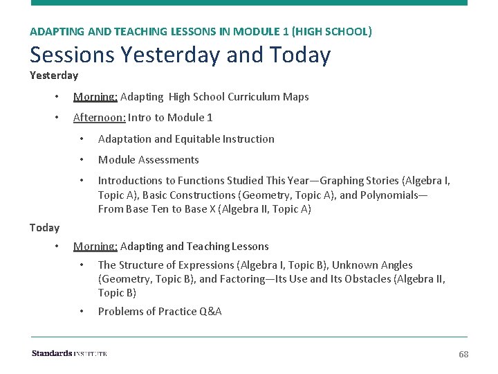 ADAPTING AND TEACHING LESSONS IN MODULE 1 (HIGH SCHOOL) Sessions Yesterday and Today Yesterday