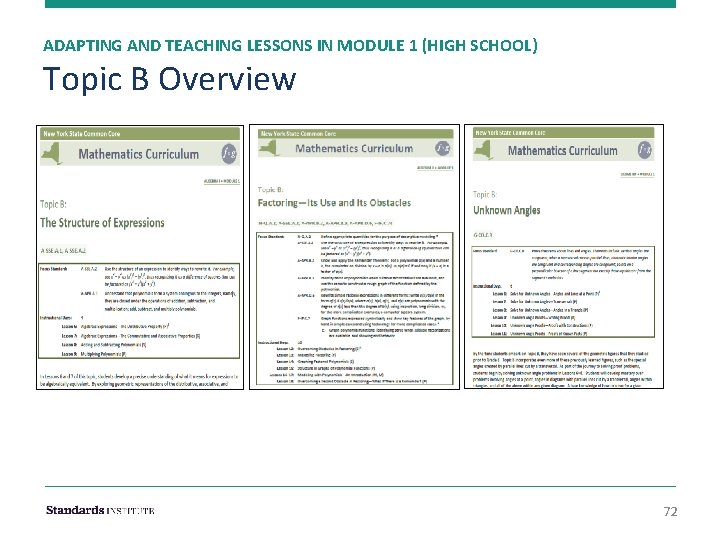 ADAPTING AND TEACHING LESSONS IN MODULE 1 (HIGH SCHOOL) Topic B Overview 72 