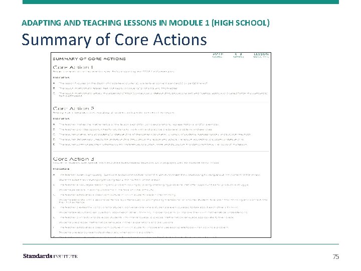 ADAPTING AND TEACHING LESSONS IN MODULE 1 (HIGH SCHOOL) Summary of Core Actions 75
