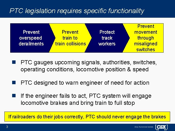 PTC legislation requires specific functionality Prevent overspeed derailments Prevent train to train collisions Protect