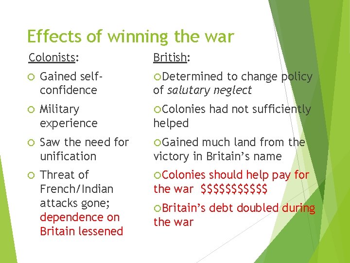 Effects of winning the war Colonists: British: Gained selfconfidence Determined to change policy of