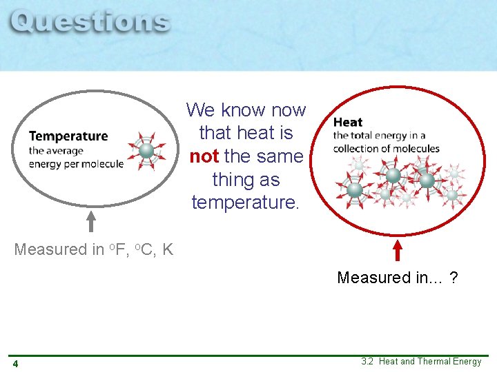 We know that heat is not the same thing as temperature. Measured in o. We know that heat is not the same thing as temperature. Measured in o.