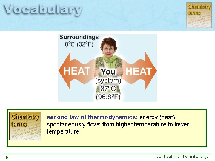 second law of thermodynamics: energy (heat) spontaneously flows from higher temperature to lower temperature. second law of thermodynamics: energy (heat) spontaneously flows from higher temperature to lower temperature.