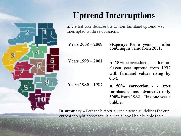 Uptrend Interruptions In the last four decades the Illinois farmland uptrend was interrupted on