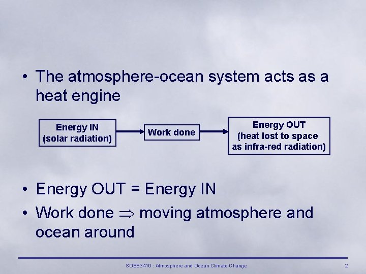  • The atmosphere-ocean system acts as a heat engine Energy IN (solar radiation)