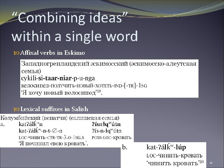 “Combining ideas” within a single word Affixal verbs in Eskimo Lexical suffixes in Salish