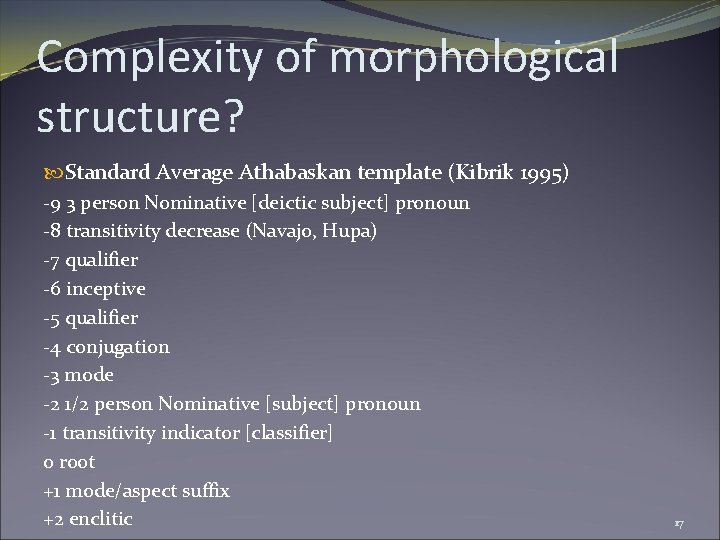 Complexity of morphological structure? Standard Average Athabaskan template (Kibrik 1995) -9 3 person Nominative