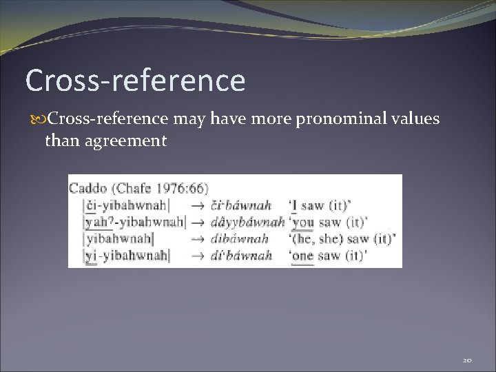 Cross-reference may have more pronominal values than agreement 20 
