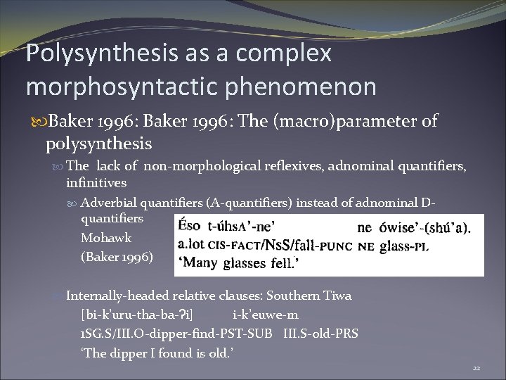 Polysynthesis as a complex morphosyntactic phenomenon Baker 1996: The (macro)parameter of polysynthesis The lack