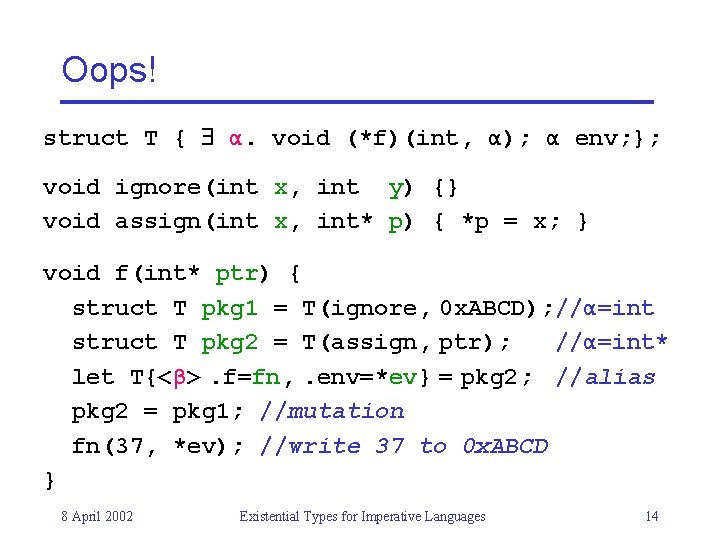 Oops! struct T { α. void (*f)(int, α); α env; }; void ignore(int x,