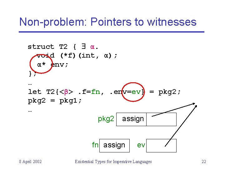 Non-problem: Pointers to witnesses struct T 2 { α. void (*f)(int, α); α* env;